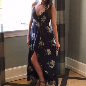 Lulus Navy Floral Print High Low Wrap Dress